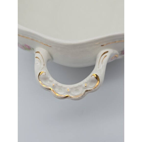 Vintage Dresden Semi Porcelain Two Handle Serving Bowl Rosesand Gold Trimmed - Picture 12 of 12